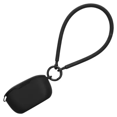 Zdjęcie produktu dla etui kwmobile kompatybilne ze słuchawkami JBL Vibe Buds - silikonowe etui ochronne z paskiem na nadgarstek w kolorze czarnym