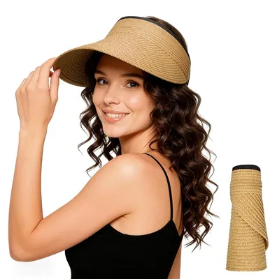 Imagen del producto de Sombrero de paja para mujer, con ala ancha, ajustable y plegable, ideal para la playa, con protección UV 50+