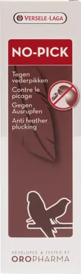 A product box for Versele Laga Oropharma No-Pick spray, with text in multiple languages and illustrations of birds.