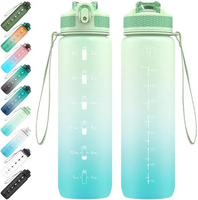 Produktbild von Famanu Wasserflasche 1 Liter mit Zeitmarkierungen und Strohhalm - umweltfreundlich