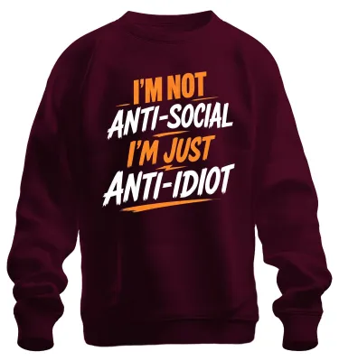 Immagine prodotto di Felpa con cappuccio, modello girocollo, con scritta "Non sono antisociale, sono solo contrario agli idioti", sarcasmo, colore bordeaux, taglia XXL