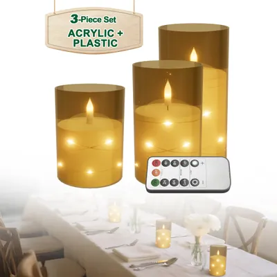 Produktbild von LZQ LED Kerzen 3er Set Gold, Flammenlose Dekokerzen Ø7,5 x 10/12,5/15 cm, Fernbedienung, Timer, LED Lichterdraht, Batteriebetrieben,Indoor&Outdoor
