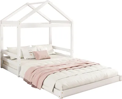 Produktbild von Hausbett, 140 x 200 cm, Kinderbett(Weiß) in Hausform mit Lattenrost (ohne Matratze)Kiefernholz,Minimalistischer Stil