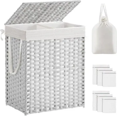 Imagen del producto de Cesta de ropa con tapa, 90 litros, 2 compartimentos, bolsas de ropa extraíbles, hecha a mano, color blanco