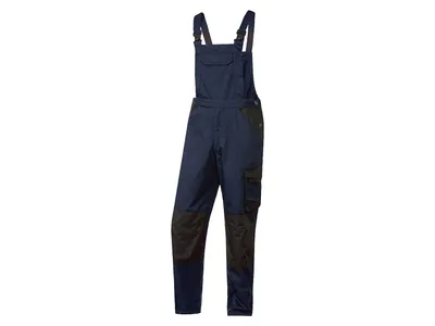 A pair of navy and black work overalls is shown against a white background.