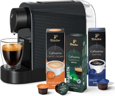 Produktbild von Tchibo Cafissimo „Pure plus“ Kaffeemaschine Kapselmaschine inkl. 30 Kapseln für Caffè Crema und Espresso, 0,8l, 1250 Watt, Schwarz