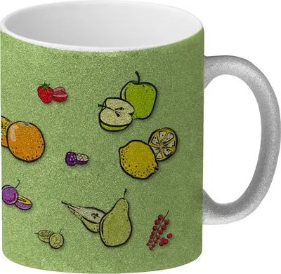 Produktbild von Glitzer-Kaffeebecher in grün zum Thema Obst mit verschiedenen Früchten