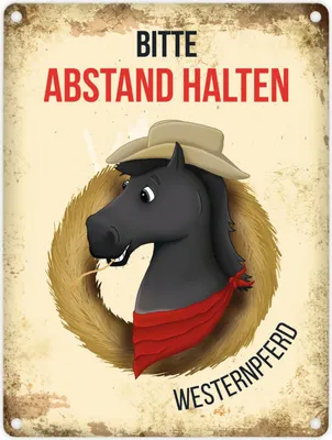 Produktbild von Metallschild mit schwarzem Pferde Motiv und Spruch: Bitte Abstand halten -