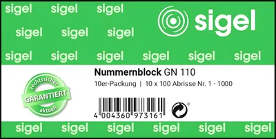 Produktbild von SIGEL GN110 Nummernblock, 10er-Pack, nummeriert 1-1000, 5-fbg. sortiert, 105x50 mm, 10 x 100 Blatt