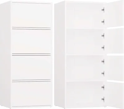 Two views of a white cabinet or dresser.
