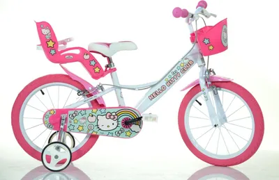 Produktbild von Dino Bigioni Hello Kitty Kinderfahrrad Mädchenfahrrad  16 Zoll | Original Lizenz | Kinderrad mit Stützrädern, Puppensitz und Fahrradkorb - Das Hello Kitty Fahrrad als Geschenk für Mädchen