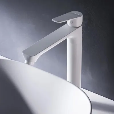 Produktbild von AM.PM Waschtischarmatur Hoch Weiss Wasserhahn Bad Waschbecken Armatur Einhebelmischer Badarmatur Mischbatterie für Badezimmer Aufsatzwaschbecken