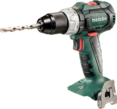 A cordless drill with a drill bit attached, shown against a white background.