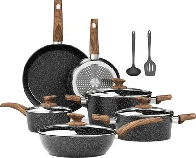 Image de Batterie de cuisine en granit - 12 pièces - Noir - Antiadhésive - Sans PFOA ni PFOS