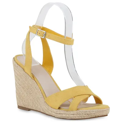 Produktbild von VAN HILL Damen Keilsandaletten Sandaletten Keilabsatz Bast Wedge Schuhe 840708, Farbe: Dunkelgelb, Größe: 39