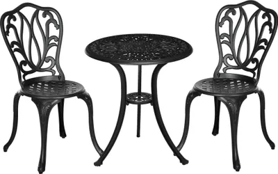 Immagine prodotto di Set 3 Pezzi da Giardino con 2 Sedie e Tavolino in Vetro con Foro per Ombrellone in Alluminio Nero
