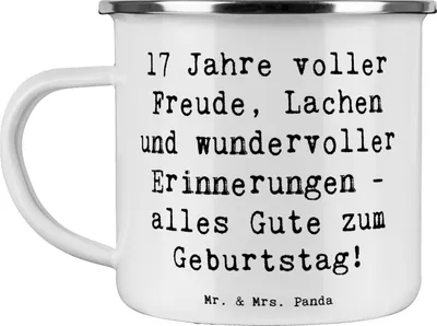 Produktbild von Mr. & Mrs. Panda Teetasse Spruch 17. Geburtstag Freude - Weiß - Geschenk, Glückwunsch, Teebecher, Lachen, Emaille Tasse, Geburtstagsspruch, Happy Birthday, Pott, Haferl