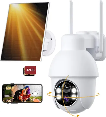 A collage of product images and features for a solar-powered security camera.
