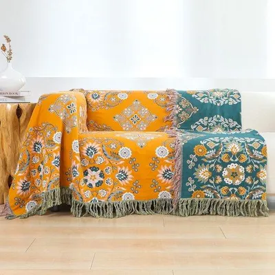 Produktbild von Unyqoos® Boho-Wohndecke aus superweicher Baumwolle – Überwurf 200 x 230 cm, Gelb und Grün mit Fransen