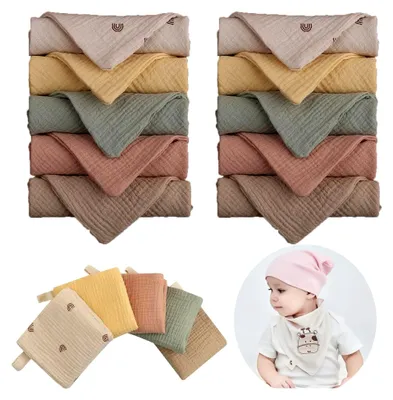 Produktbild von 10 Stück Baby Musselin Waschlappen und Handtücher Set für Neugeborene, 23x23cm, Mehrweg Waschlappen aus 100% Baumwolle in zufälligen Farben