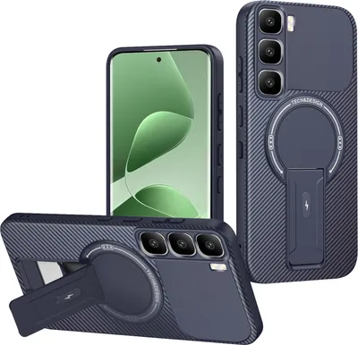 Produktbild von Hülle für Infinix Hot 60 Pro Magnetisch Carbonfaser Design TPU Hybrid Handyhülle mit Ständer Blau