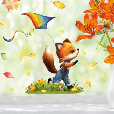 Productafbeelding van Herfstdecoratie voor het raam met motieven van een vos en een draak, formaat A4, geschikt voor het raam, kinderkamer, herfstdecoraties, raamdecoratie, herfstdecoratie voor kinderen
