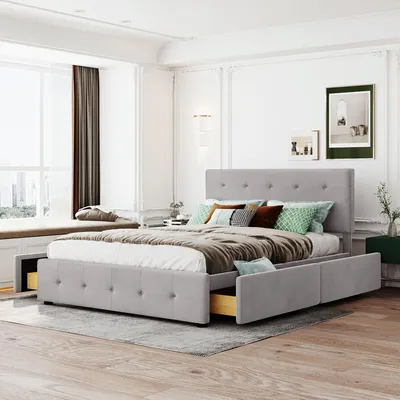 Produktbild von STILVORA Doppelbett 140x200 Polsterbett mit Lattenrost und Rückenlehne,Bettgestell mit 4 Schubladen,Jugendbett mit Knopfdesign,ohne Matratze,Grau