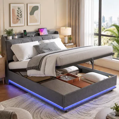Productafbeelding van INONEFT Boxspringbed 160x200 cm met LED-verlichting en USB-poorten, hydraulisch bed met opbergruimte, tweepersoonsbed met hoofdeinde, bedframe met lattenbodem, fluweel, grijs