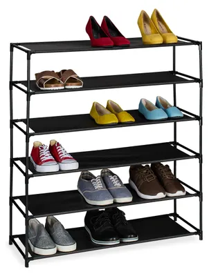 Schuhregal mit 6 Ebenen, Stoffablagen, Metallrahmen, Schwarz