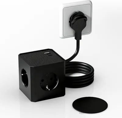 Zdjęcie produktu dla Listwa zasilająca z 2 gniazdami, portem USB-C PD 20W i portem USB, czarna, z wtykiem