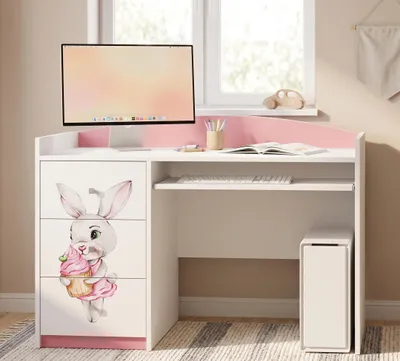 Produktbild von Rosa Kinderschreibtisch mit Schublade und Schrankfach, Schülerschreibtisch Hausaufgabentisch für Mädchen, Computertisch mit Motiv, KI-generiertes Bild