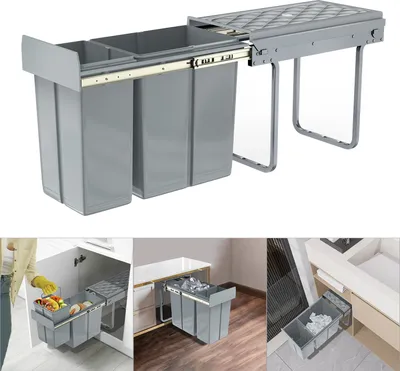 Image de UISEBRT Trieuse de déchets encastrable Système de tri des déchets avec 2 collecteurs amovibles, 1x20L + 1x10L - rails télescopiques pour la cuisine, gris, 48x26x42 cm
