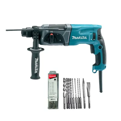 A Makita rotary hammer drill with a set of drill bits and chisels, displayed on a white background.