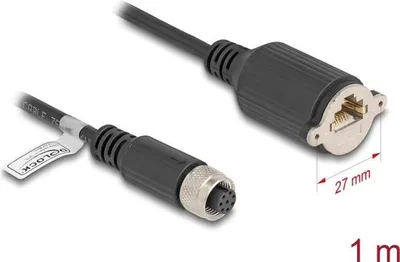 Image de Delock - Câble de réseau - M12 8 broches (F) à RJ-45 (F) à visser - 1,0m - 6,8 mm - FTP - CAT 5e - codage A - noir (80433)