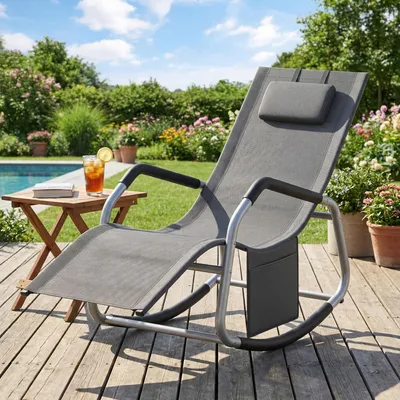 Produktbild von SONGMICS Relaxliege mit verstellbarer Kopfstütze, Schaukelstuhl, Stahlrahmen, Seitentasche, für Garten, atmungsaktiv, dunkelgrau