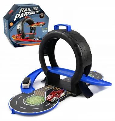 Produktbild von Auto Rennstrecke im Reifen Parkhaus Set mit 2 Metallautos - Kompaktes Spielzeug für Kinder