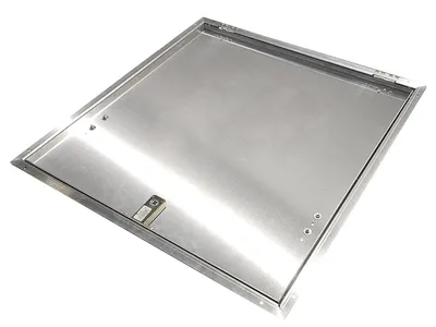 A stainless steel access panel or manhole cover is shown from a slightly elevated angle against a white background.