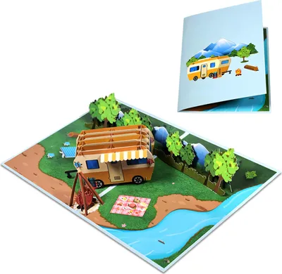 Produktbild von Pop-Up Karte Camping mit Wohnwagen, Grußkarte zum Geburtstag für Campingfans, 3D Geburtstagskarte oder Geldgeschenk für Camper, für Ehemann, Wohnmobil-Geschenk, Reisegutschein.