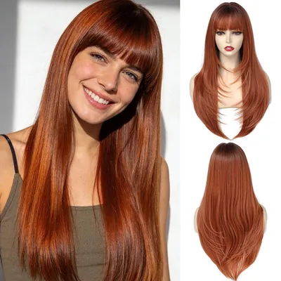 Image de Perruque synthétique pour femmes - Perruque droite de 60 cm avec frange, de couleur orange