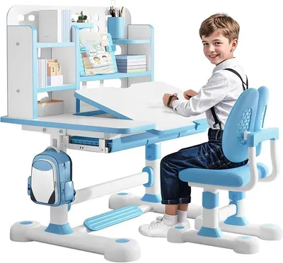 Produktbild von Kinder-Schreibtisch- und Stuhl-Set, höhenverstellbar, Kinderschreibtisch und Stuhl-Set mit Bücherregal und Aufbewahrungsschublade, 50 Grad neigbar, Desktop-Arbeitszimmertisch mit Stuhl für
