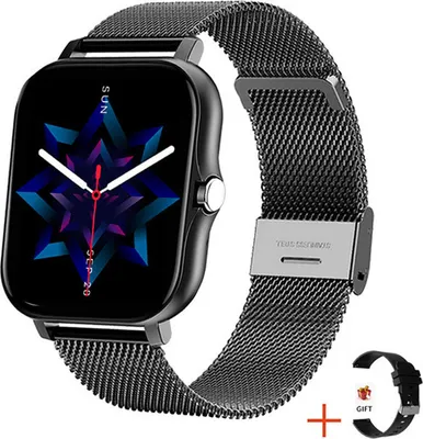 A smartwatch with a black mesh band is displayed against a white background. A second, black watch band is shown in the bottom right corner with a gift icon.