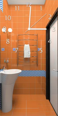 Produktbild von Wallario Design Wanduhr bedruckt, Größe 30 x 60 cm, Motiv: Modernes Badezimmer in orange mit blauen Fliesen