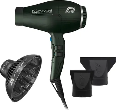 A professional studio shot of a hair dryer and its accessories against a white background.