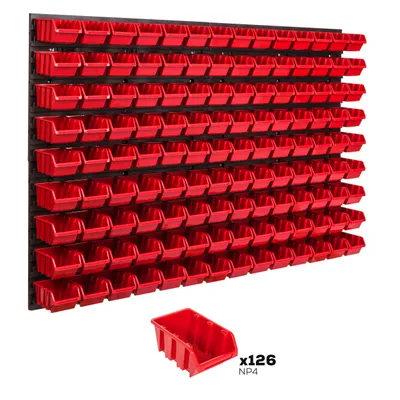 A wall-mounted storage system with many red bins, and one bin shown separately with text.