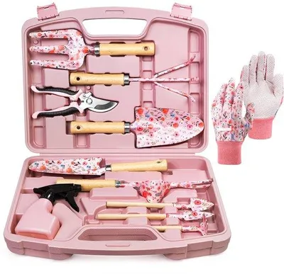 Obrázek produktu pro Sada zahradních nástrojů Unyqoos® (12 kusů) – nerezová ocel (1,5 mm), ergonomické dřevěné rukojeti, robustní transportní box, kompletní sada pro kopání, sázení a stříhání