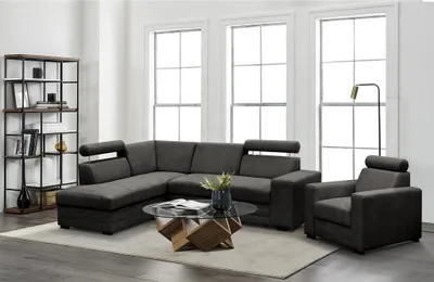 Produktbild von Ecksofa mit Sessel Roma modernes Eckgarnitur mit Sessel Schlafecke mit Bettkasten Kopfstützen, Stoff: vardo 16 - dunkelgrau, Ottomane: links