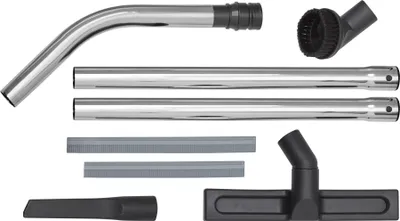 A collection of vacuum cleaner accessories laid out on a white background.