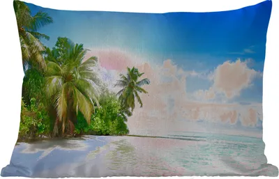 Produktbild von MuchoWow® Outdoor Kissen - Meer - Palme - Strand - Tropisch - Blau - Grün - 60x40 cm - Wetterfest - Lounge Kissen - Zierkissen - Kissen für Innenräume
