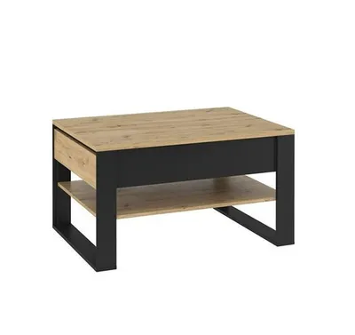 A modern coffee table with a wood-look top and black frame, shown against a white background.
