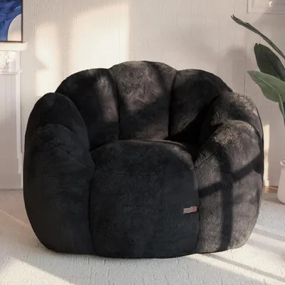 Obrázek produktu pro Velká sedací vak XXL potažený umělou kožešinou, černý, rozměry 105x105x78 cm, s výplní z paměťové pěny
